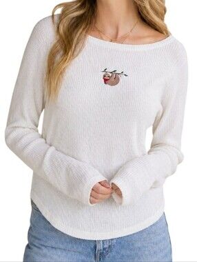 Vintage Sloth Waffle Knit Thermal Top Women Large Embroidered Y2K Indie